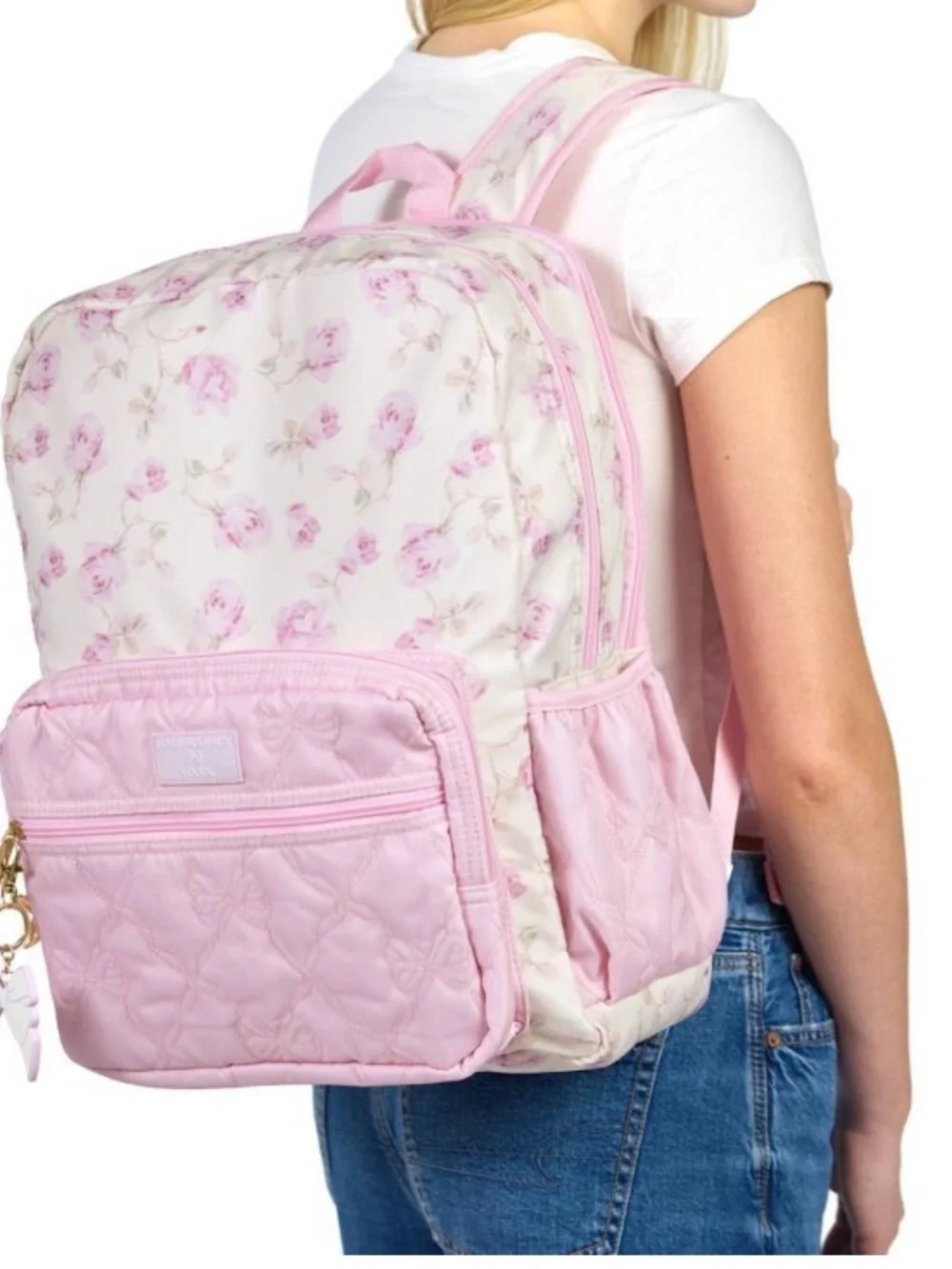 LoveShackFancy Pastel Pink Quilted Backpack with Floral Stationery Set